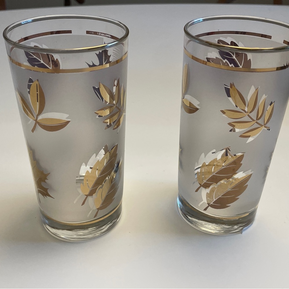 Vintage Libbey Golden Foliage Glassware Set MCM Gold Leaf Ice Bucket 7pc - Picture 8 of 11